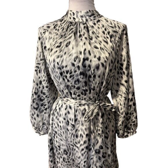Ann Taylor Maxi Dress 3/4 Long Sleeve L Large Black Gray White Snow Leopard - Picture 5 of 16